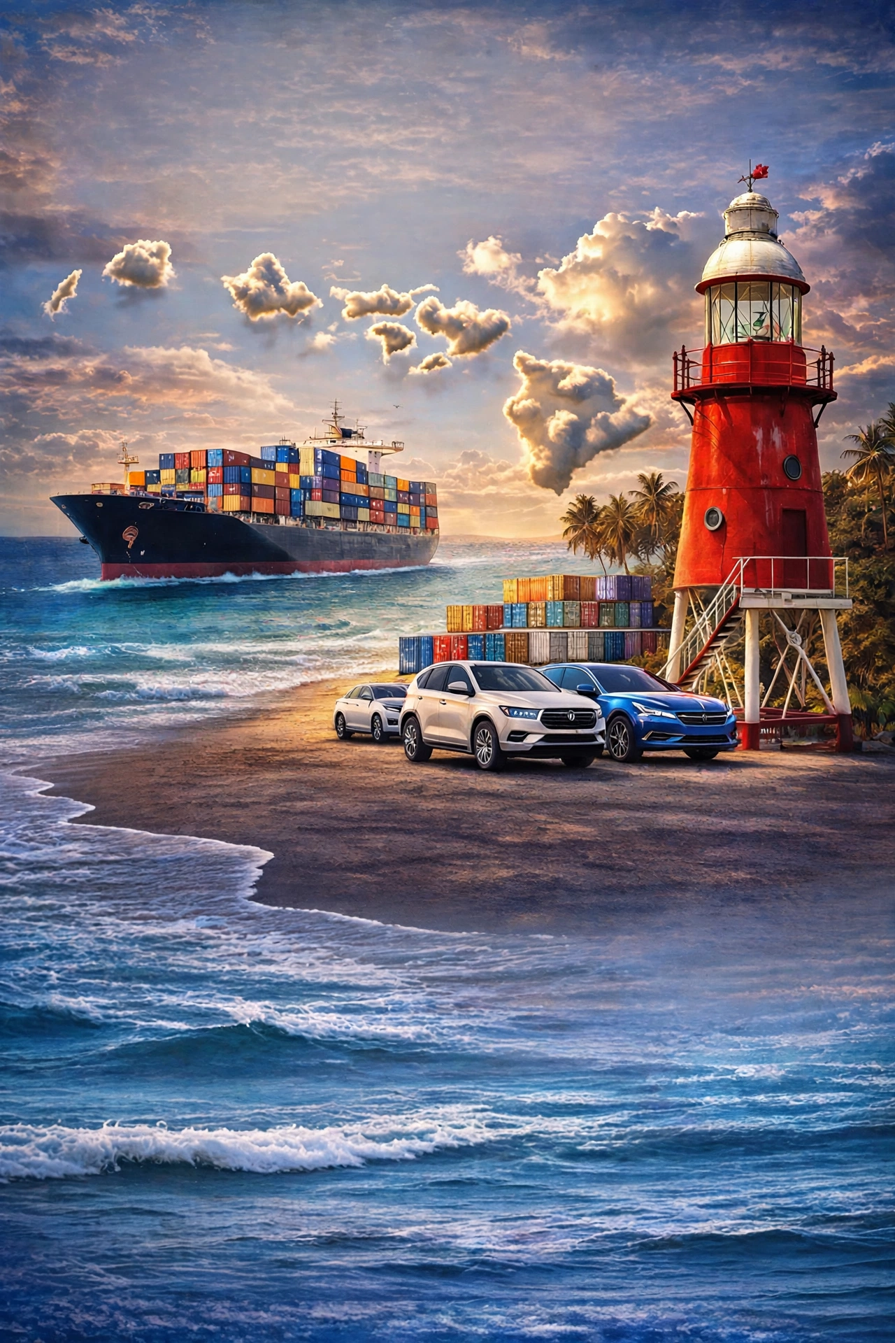 OSGEN Auto LLC — lighthouse, freight ship, and Hawaiian islands in the clouds